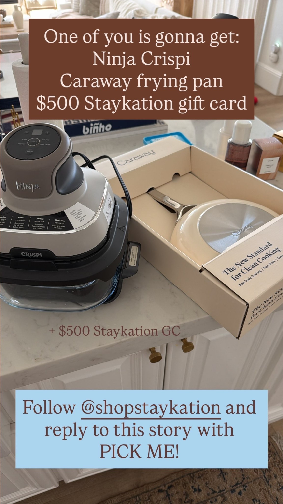 One of you is gonna get:
Ninja Crispi
Caraway frying pan
$500 Staykation gift card + $500 Staykation GC Follow @shopstaykation and reply to this story with 
PICK ME!