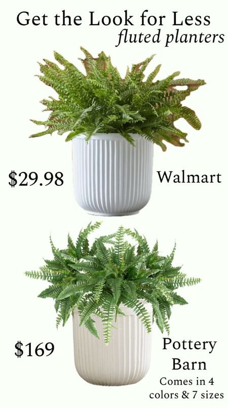 Spring is here, so it’s time to freshen up your porch plants! This fluted planter from Walmart is so similar to this Pottery Barn planter! The Walmart option is plastic, has a drainage hole and is under $30. The Pottery Barn option is concrete, comes in 4 colors and 7 sizes. Both planters pictured are 16” tall and neither include plants. I’ll link some faux fern options for you if you like this look!
…………..
pottery barn planter walmart planter fluted planter concrete planter plastic planter planter with drainage hole white planter terracotta planter black planter pottery barn dupe walmart new arrivals walmart finds large planter fake plants fake fern faux plants faux ferns amazon planter amazon finds get the look for less planter under $50 oversized planter home decor spring home decor front porch decor porch decor porch planters porch plants 

#LTKfamily #LTKhome #LTKfindsunder50