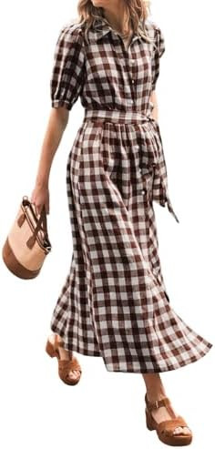 CHARTOU Women Summer Plaid Puff Short Sleeve Dress Button Down Long Shirt Dress with Belt | Amazon (US)