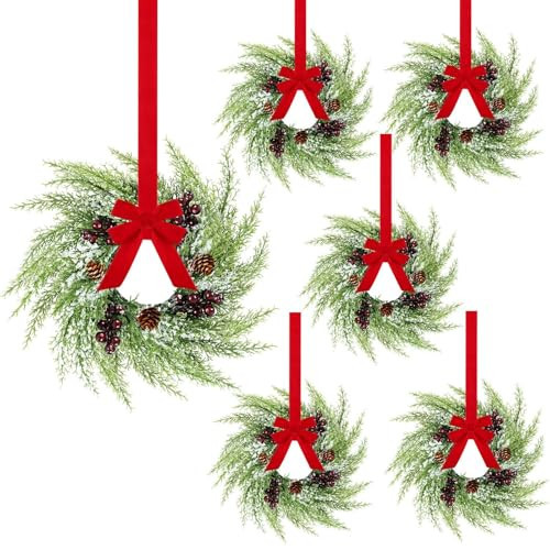 4 Pcs Mini Christmas Wreath for Cabinets Small Christmas Candle Rings Wreath Norfolk Pine Garland Red Berry Ornament Pinecones Wreaths for Chairs Decor Table Centerpiece | Amazon (US)