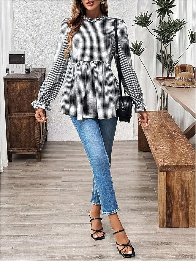 MakeMeChic Women's Plaid Print Mock Neck Ruffle Long Sleeve Blouse Shirts Casual Peplum Tops | Amazon (US)