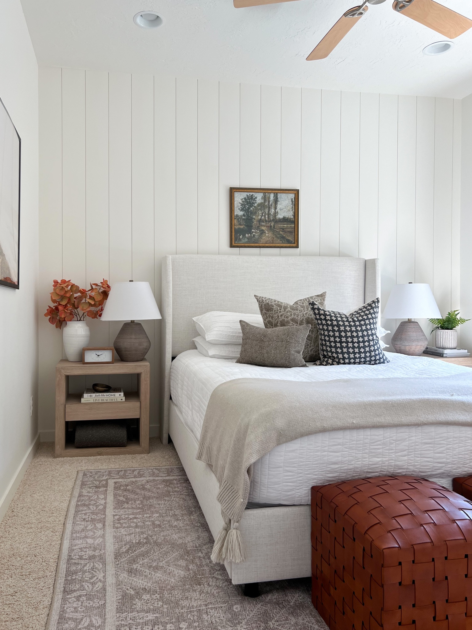 Simple bedroom decor for fall. 
Fall decor, McGee and Co. Ackley leather ottoman, Labor Day Sale, Serena and Lily, Loloi x Rifle Paper Company, Target bedding, throw pillows, fall branches, bedroom decor, home decor, 

#LTKhome #LTKSeasonal #LTKstyletip