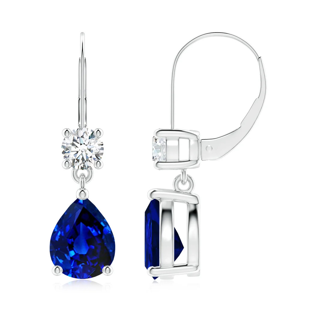 Lab-Grown Pear Sapphire Leverback Drop Earrings with Lab Diamond | Angara Inc.