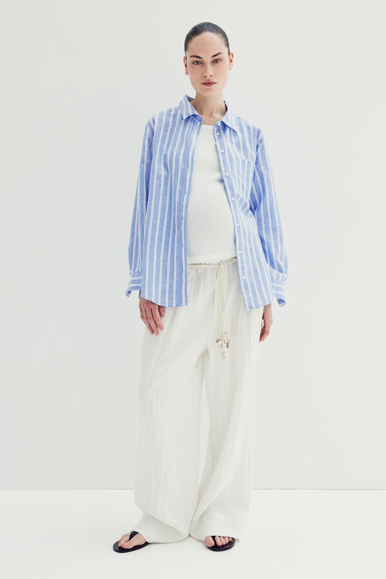 Linen-blend Shirt - Long sleeve - Regular length - Blue/White striped - Ladies | H&M US | H&M (US + CA)