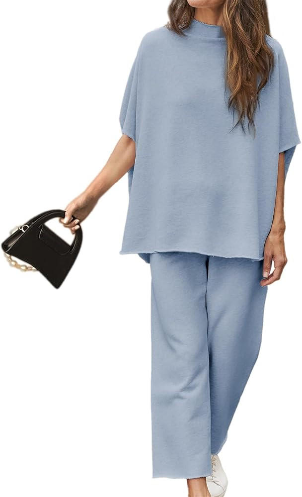 Ainangua Women Casual Two Piece Outfits 3/4 Batwing Sleeve Capelet CrewNeck Pullover Top Wide Leg... | Amazon (US)