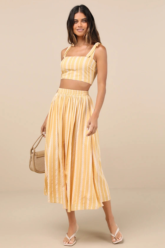 Cheerful Season Yellow Striped Two-Piece Midi Dress With Pockets | Lulus