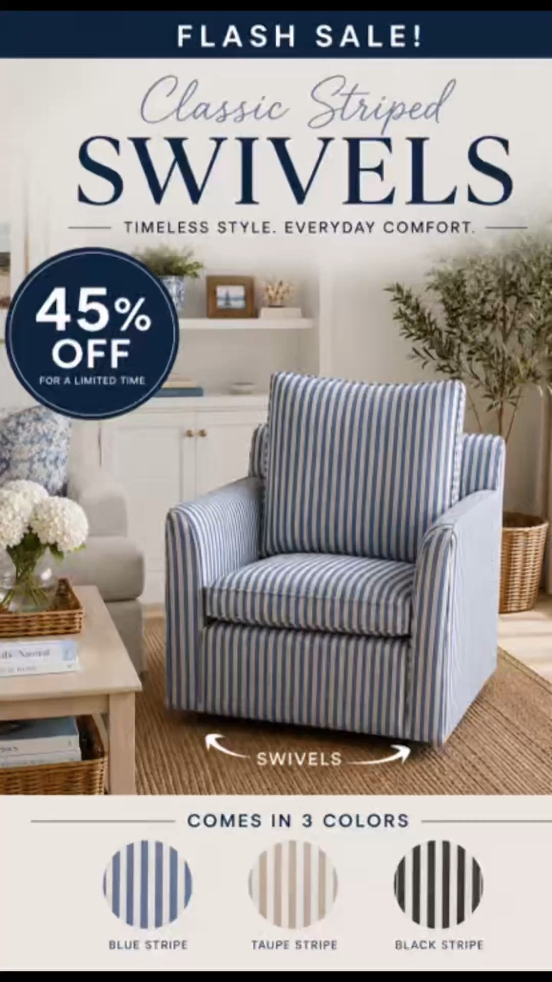Classic Hamptons style for less! This striped swivel chair is 45% off for a limited time and comes in 3 beautiful color options. Comfortable, timeless, and perfect for cozy living spaces.
-
#anyasdecor #hamptonsstyle #coastallivingroom #swivelchair #livingroomideas #coastaldecor #interiordesign #homeinspiration #homedecorfinds #chairgoals #flashsale #coastalhome #blueandwhitedecor #affordabledecor #decorfinds

Hamptons style chair, striped swivel chair, coastal living room, blue and white decor, swivel accent chair, coastal furniture, cottage style decor, living room chair, affordable furniture finds, Hamptons home decor, classic coastal style, home decor sale, accent chair, beach house style, 45% off furniture sale.

#LTKHome