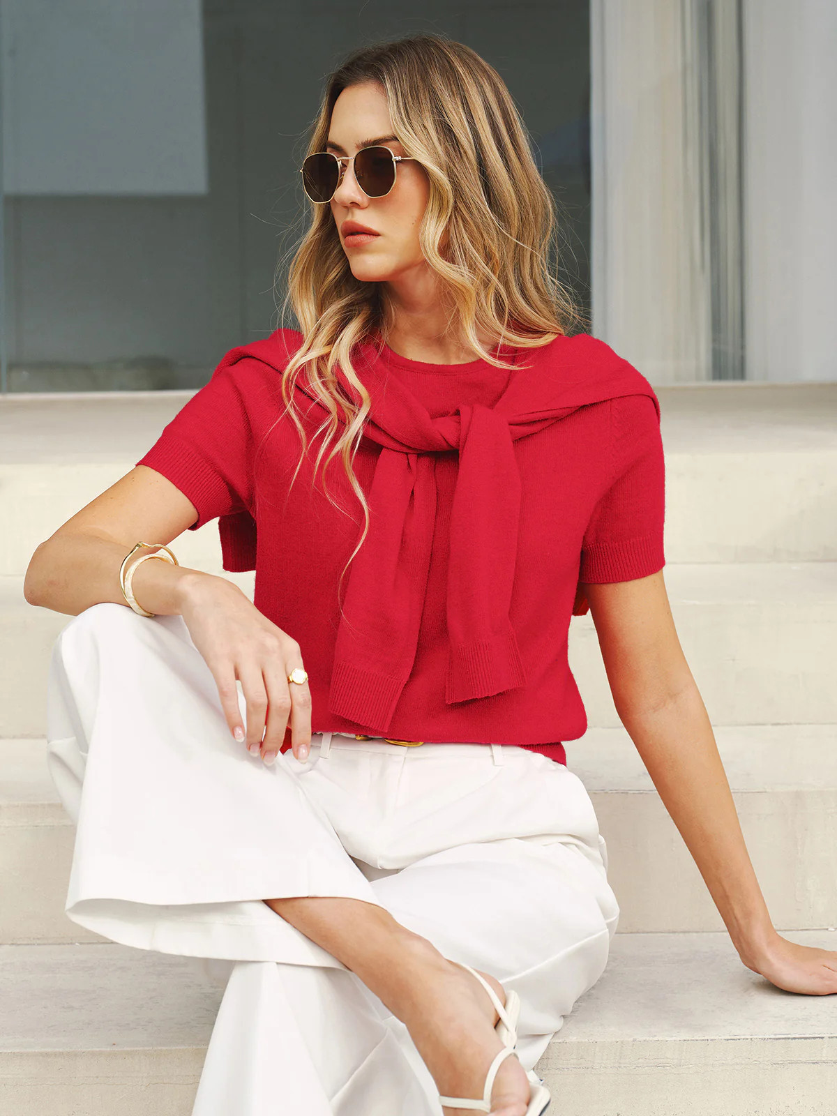 Wool Blend Scarf Detail Knit Short Sleeve Top | Commense