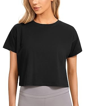 CRZ YOGA Women's Pima Cotton Workout Short Sleeve Shirts Loose Crop Tops Athletic Gym Shirt Casua... | Amazon (US)