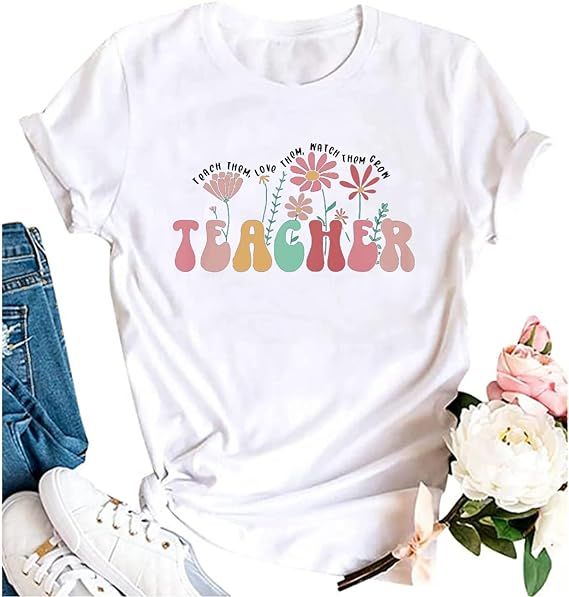 QICAISH Teacher Shirts Women Flower Teacher Graphic Tee Back to School Teaching Tshirt Kindergart... | Amazon (US)