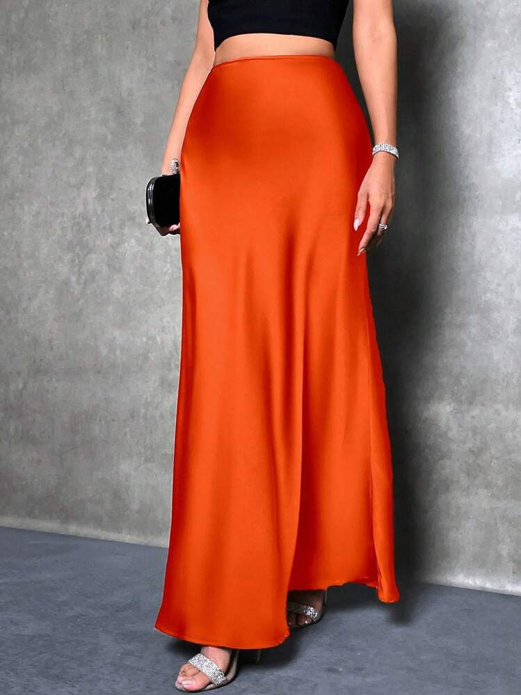 Glamine Women's Solid Color High-Waist Long Fishtail Hem Elegant A-Line Skirt | SHEIN