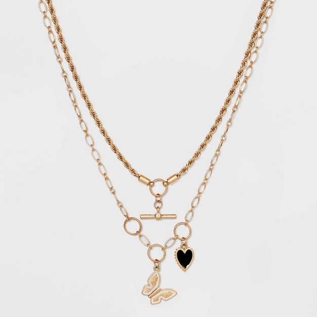 Toggle Mixed Butterfly and Heart Charm Layered Chain Necklace - Universal Thread™ Black/White | Target