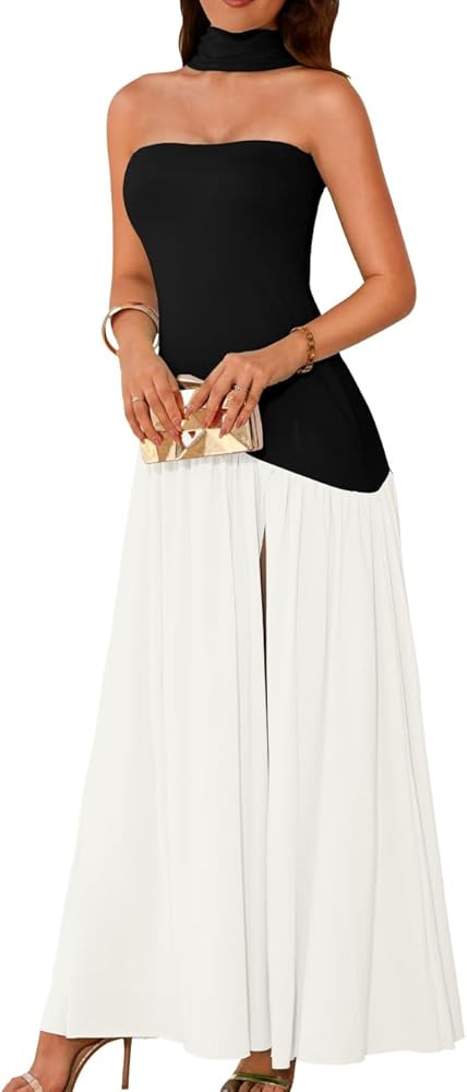 Women's Maxi Tube Dress with Scarf, Drop Waist High Slit Formal Prom, Wedding Guest Cocktail Part... | Amazon (US)