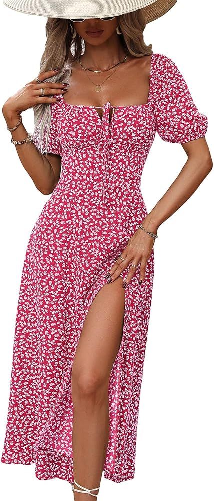 SHENHE Women's Floral Split Thigh Square Neck Puff Short Sleeve Long Boho Dresses | Amazon (US)