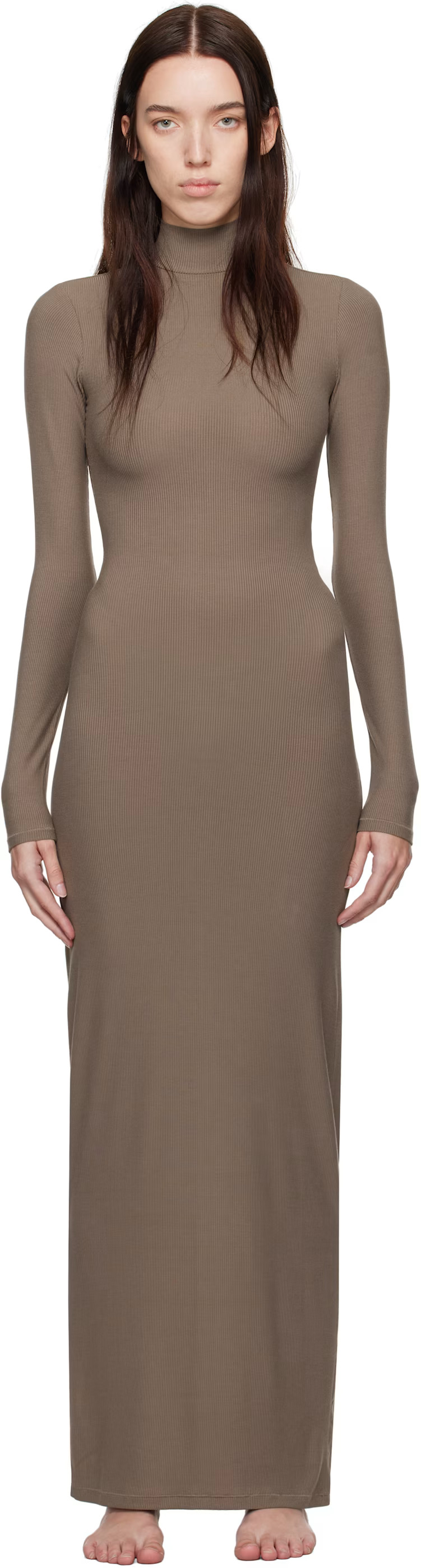 Taupe Soft Lounge Turtleneck Maxi Dress | SSENSE