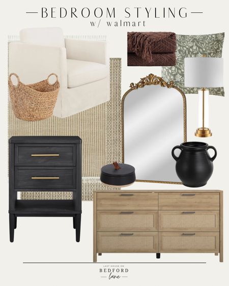 Affordable bedroom from Walmart! 

Six drawer dresser, natural wood dresser, black nightstand, wood nightstand, antique mirror, wall mirror, bedroom mirror, vintage throw pillow, brass table lamp, white accent chair, black vase, throw blanket, bedroom rug, area rug 

#LTKfindsunder100 #LTKstyletip #LTKhome