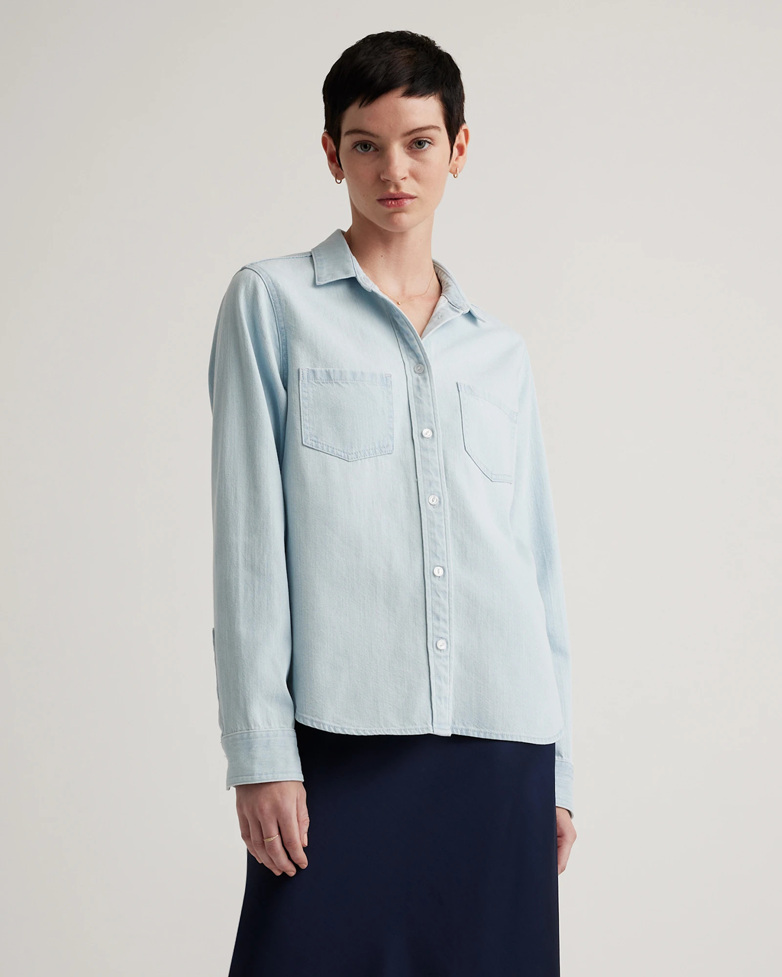 Quince | Women's Distressed Denim Shirt in Light Chambray, Size Medium, Cotton | Quince
