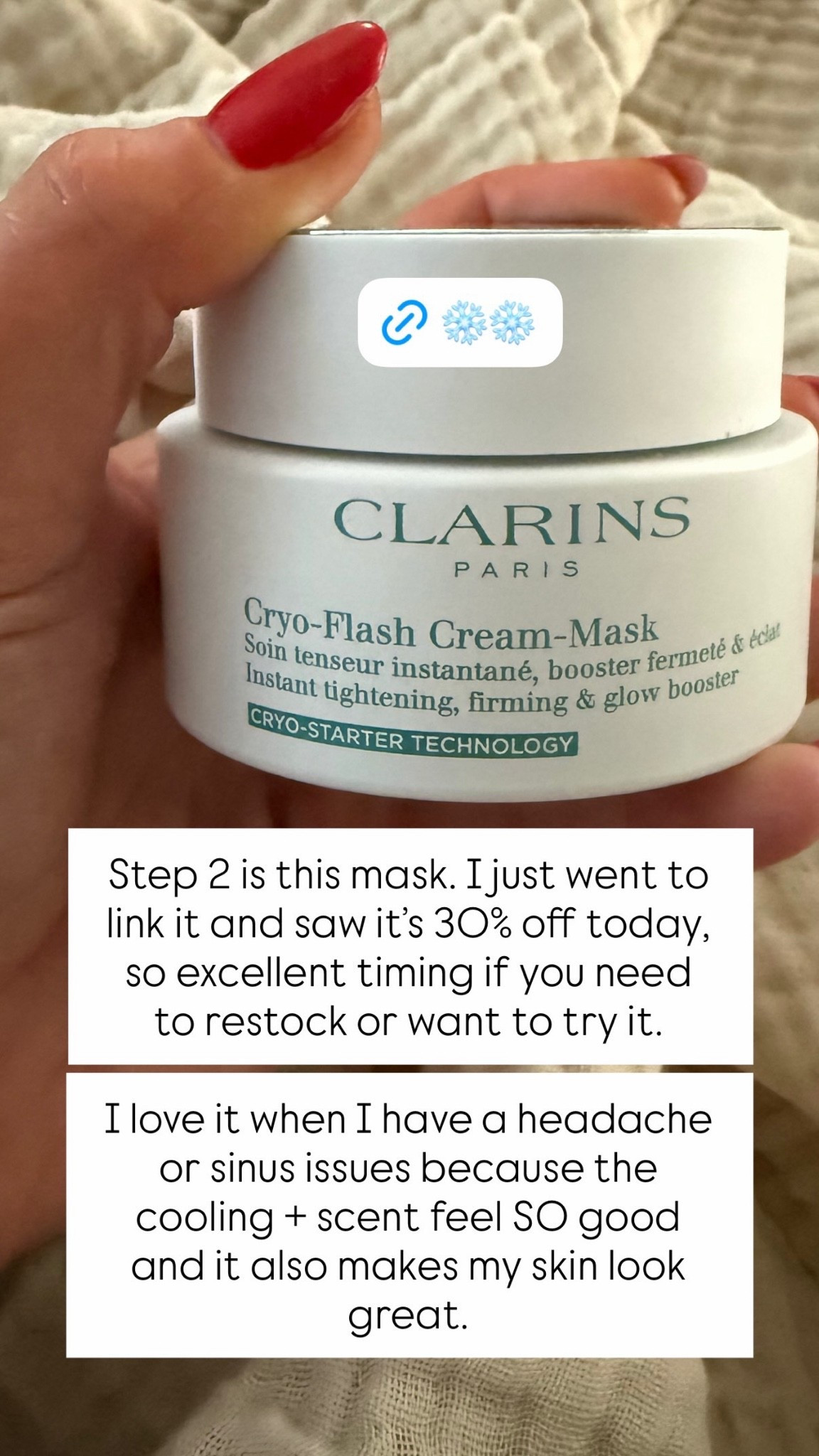 Also love the Clarins Cryo-Mask for some self-pampering, and it’s 30% off on Amazon today! Not only does it leave my skin looking tightened and refreshed, but the rejuvenating coolness + relaxing scent is really good aromatherapy for when I have headaches or sinus issues.

#LTKSaleAlert #LTKselfcare #LTKBeauty