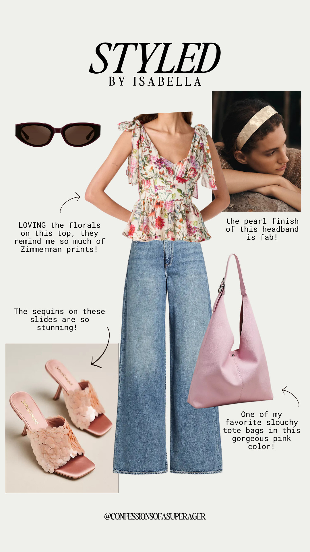 Bring on the sunshine with this effortless, romantic summer outfit that is perfect for weekend brunch or a casual date night! I am absolutely loving this vibrant floral tie-shoulder peplum top—the stunning print gives major luxury Zimmerman vibes at a fraction of the price. To keep the look balanced and chic, I paired it with trending high-waisted wide-leg jeans and added a pop of pastel with a gorgeous pink slouchy leather tote bag. The real showstoppers are these blush pink sequin heeled slides that add the perfect touch of shimmer, beautifully complemented by a pearl-finish headband and classic cat-eye sunglasses. This look effortlessly blends elevated boho style with everyday comfort

#LTKootd #LTKSeasonal #LTKOver40