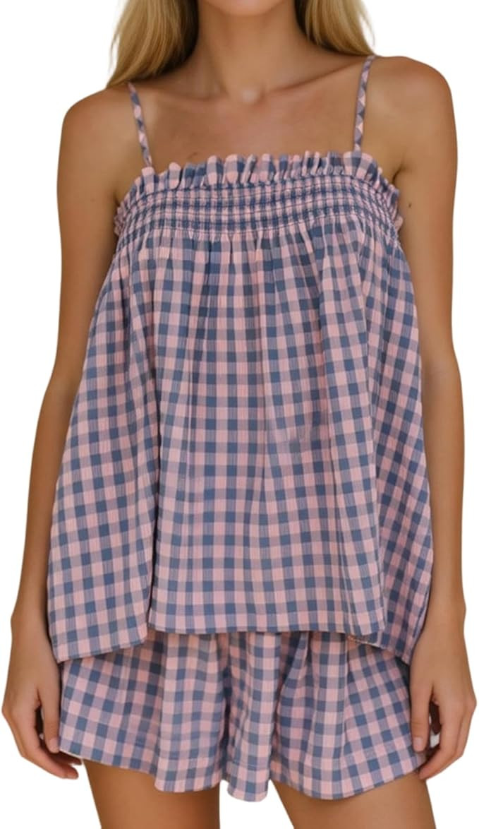 Womens Two Piece Outfits Smocked Gingham Flowy Set Y2k Lounge Sleep Pajamas | Checkered Ruffle He... | Amazon (US)