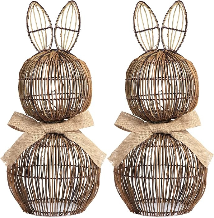 Mirok Wicker Bunny Set of 2,20'' Rattan Bunny Outdoor with Linen Bow Rattan Bunnies Topiary Bunni... | Amazon (US)