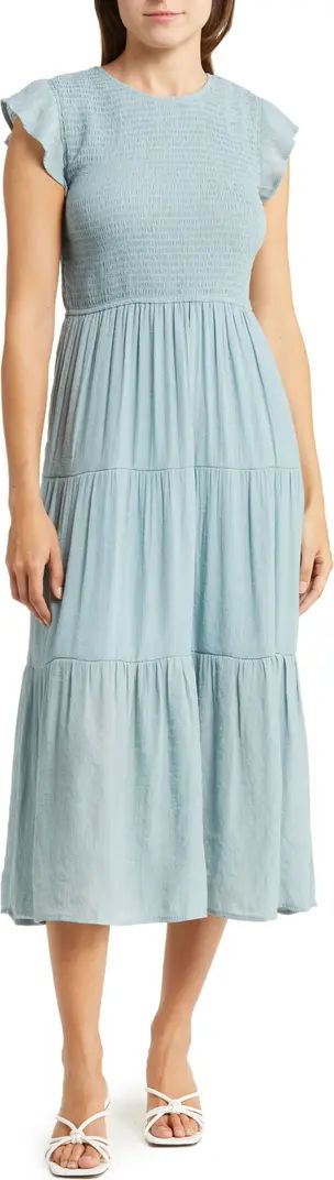 Flutter Sleeve Smocked Tiered Midi Dress | Nordstrom Rack