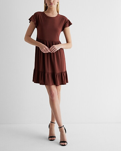 Crew Neck Ruffle Mini Babydoll Dress | Express
