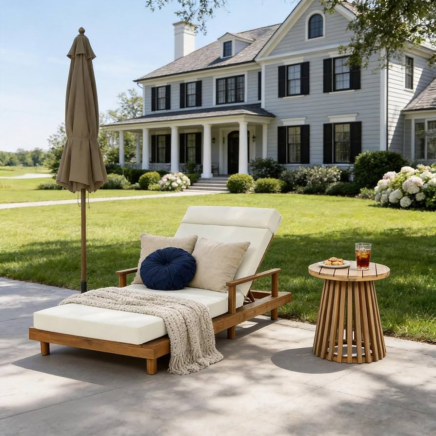 Merax Acacia Wood Outdoor Chaise Lounge Chair with Thick 4-Fold Cushion & Headrest, 3-Position Ad... | Amazon (US)