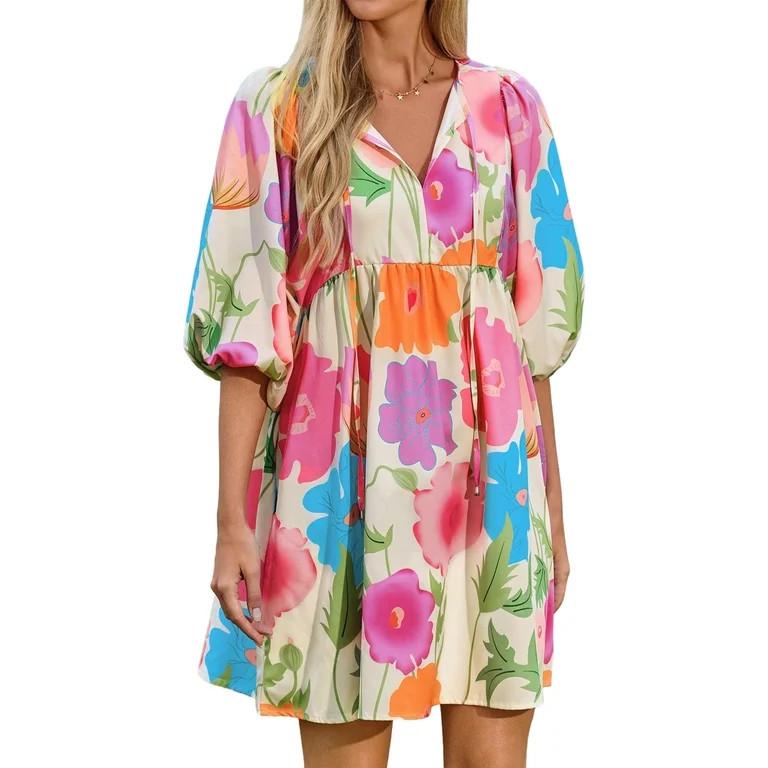 V Neck Puff Sleeve Floral Print Women High Waist Babydoll Mini Dress | Walmart (US)