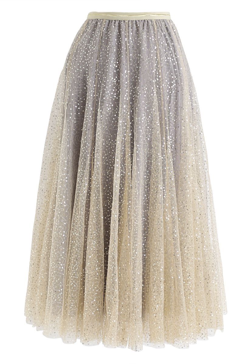 Shimmer Sequins Embroidered Mesh Tulle Pleated Skirt | Chicwish