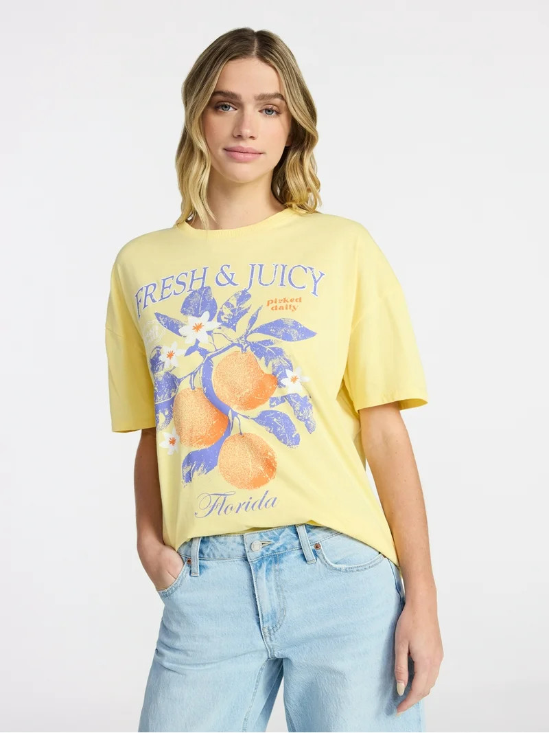 No Boundaries Washed Graphic Boyfriend Tee, Women's XXS-XXL | Walmart (US)