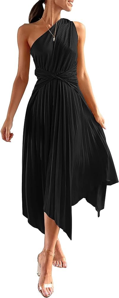 Women's Summer Long Satin Dress One Shoulder Sleeveless Ruched Twist Flowy Maxi Dresses | Amazon (US)