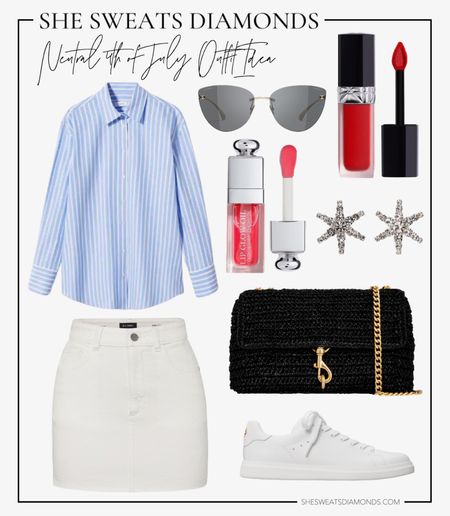 Neutral 4th of July outfit idea: blue and white striped button down, white denim skirt, black woven crossbody bag, crystal star earrings, cat eye sunglasses, and red lip oil

#LTKSeasonal #LTKunder100 #LTKstyletip