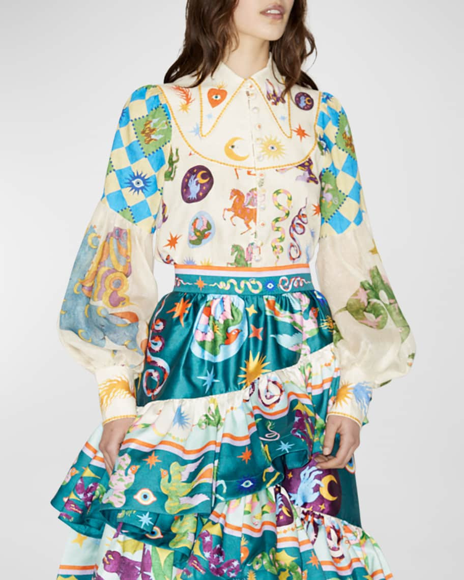 ALEMAIS Lou Balloon-Sleeve Multi-Pattern Linen Shirt | Neiman Marcus