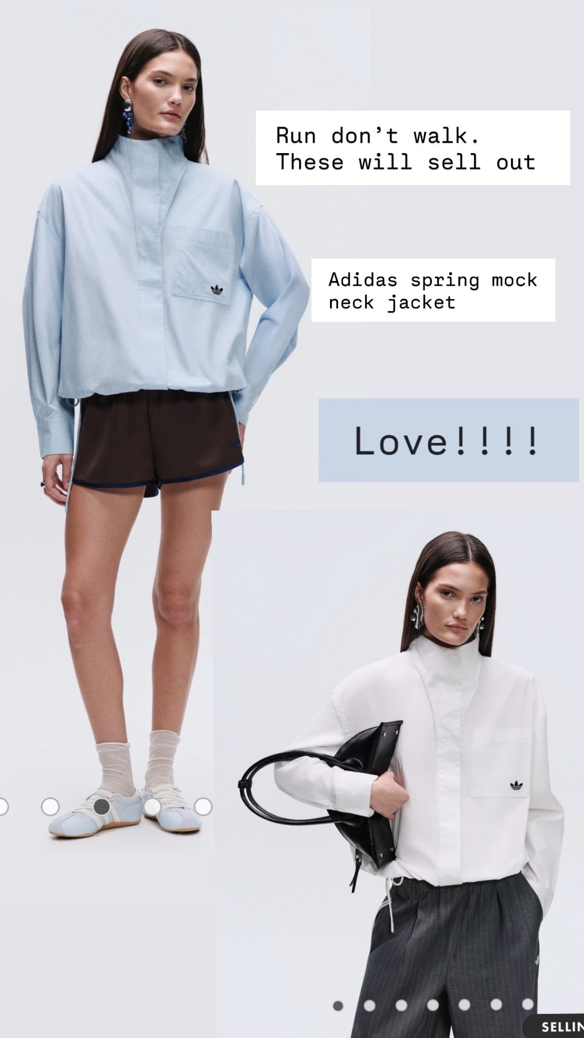 Adidas doing jacket.  Mock neck jacket.  Love it so much.  Will sell out! 