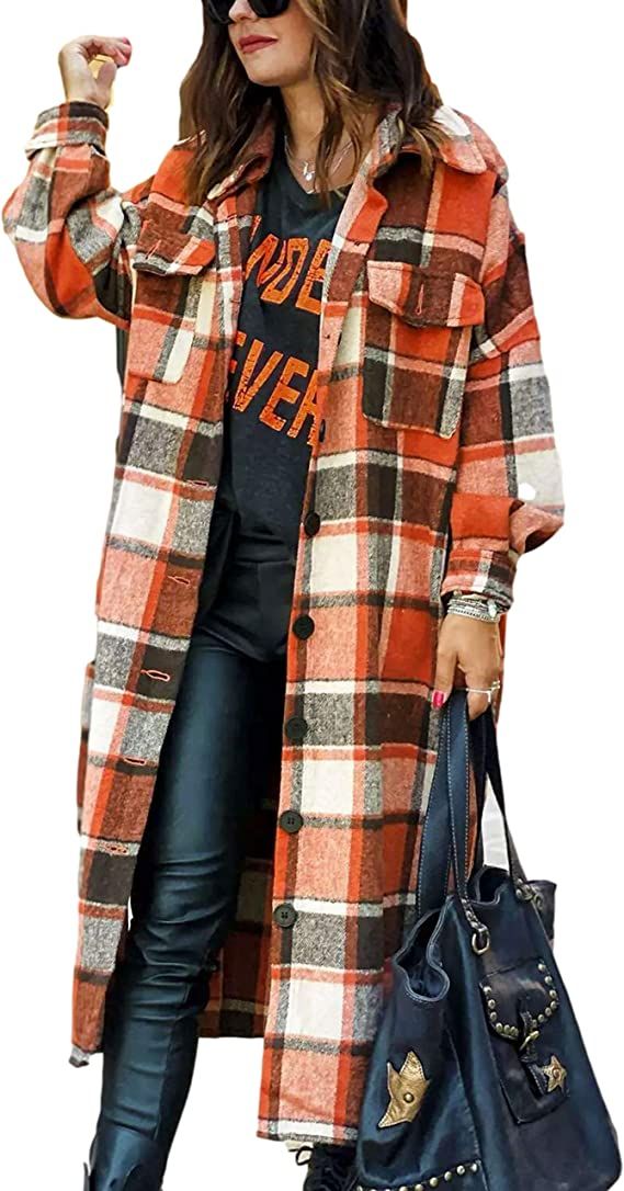 Himosyber Women's Casual Plaid Lapel Woolen Button Up Pocketed Long Shacket Coat | Amazon (US)