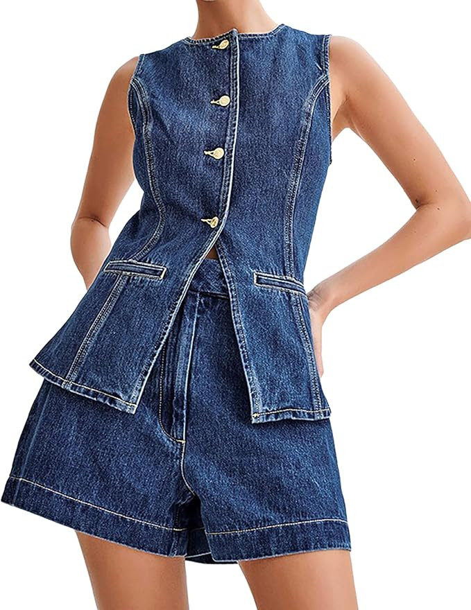 Women's Denim 2 Piece Set Sleeveless Button Down Denim Blazer Vest Tops and High Waist Short Casu... | Amazon (US)