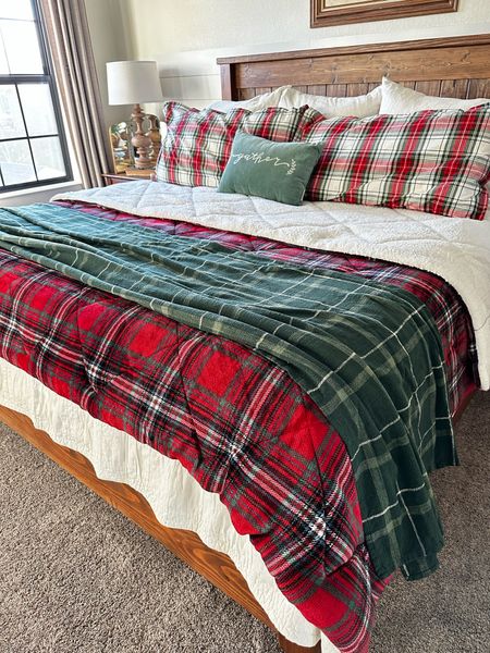 Red plaid bedspread, green throw is a table cloth and plaid pillow covers are made for a table cloth also! 

#LTKSeasonal #LTKhome #LTKHoliday