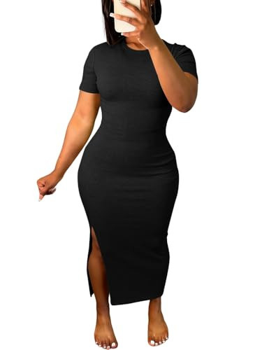 Women's Short Sleeve Casual T Shirt Bodycon Side-Split Dresses Maxi Sundress Basic Party Club Dress-Black-XL | Amazon (US)