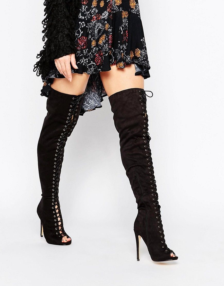 Truffle Collection Rita Lace Up Peep Toe Over The Knee Boots - Black | ASOS US