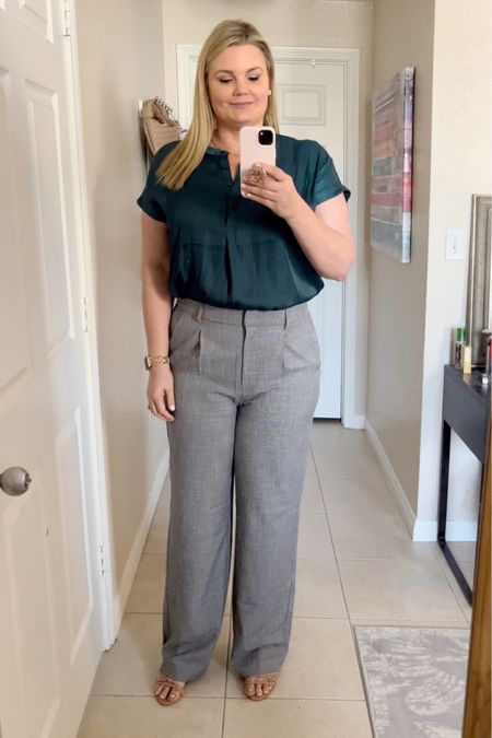 Workwear outfit. Green satin blouse runs TTS. I’m in the large. Trousers run a bit smaller through the hips, size up if you’re hippy. I’m wearing the large tall  

#LTKworkwear #LTKmidsize #LTKover40