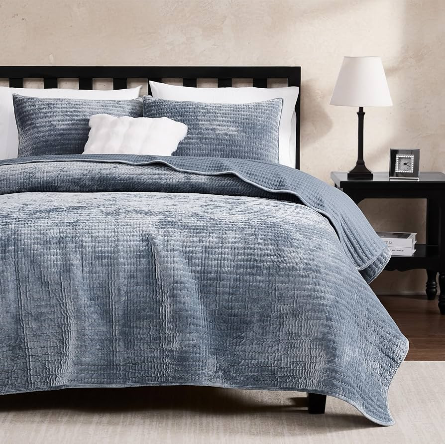 WDCOZY Velvet Queen Size Quilt Set - Blue Striped Pick Stitch Soft Lightweight Bedspread, Channel... | Amazon (US)