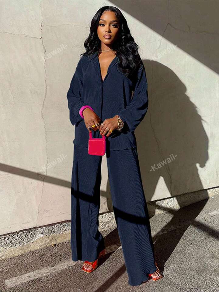 2pcs Women's Fashionable Pleated Shirt And Comfortable Wide-Leg Pants Set For Casual Wear | SHEIN