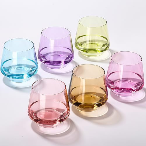 Physkoa Colored Stemless Wine Glasses Set of 6 - Colored Stemless Drinking Glasses, Multicolor Glassware for Party Bar | Amazon (US)
