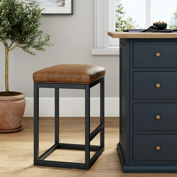 Nathan James Nelson Bar Stool with Leather Cushion and Metal Base, 24", Warm Brown/Black | Walmart (US)