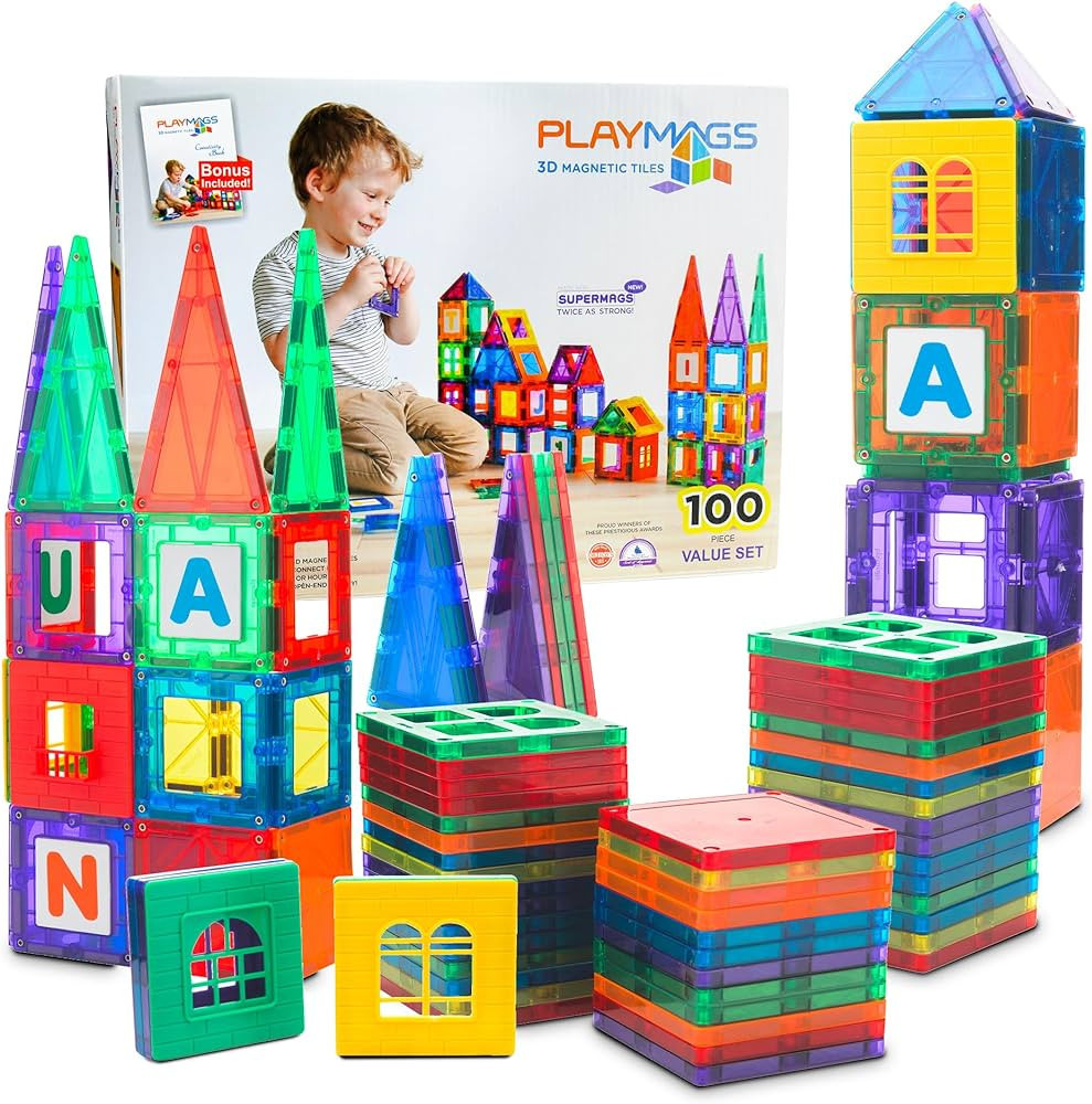 Playmags 100-Piece Magnetic Tiles Building Blocks Set, 3D Magnet Tiles for Kids Boys Girls, Educa... | Amazon (US)