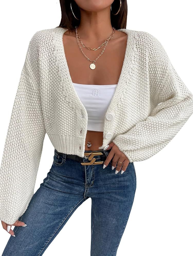 MakeMeChic Women's Waffle Knit V Neck Button Up Bishop Sleeve Cropped Cardigan Sweater | Amazon (US)