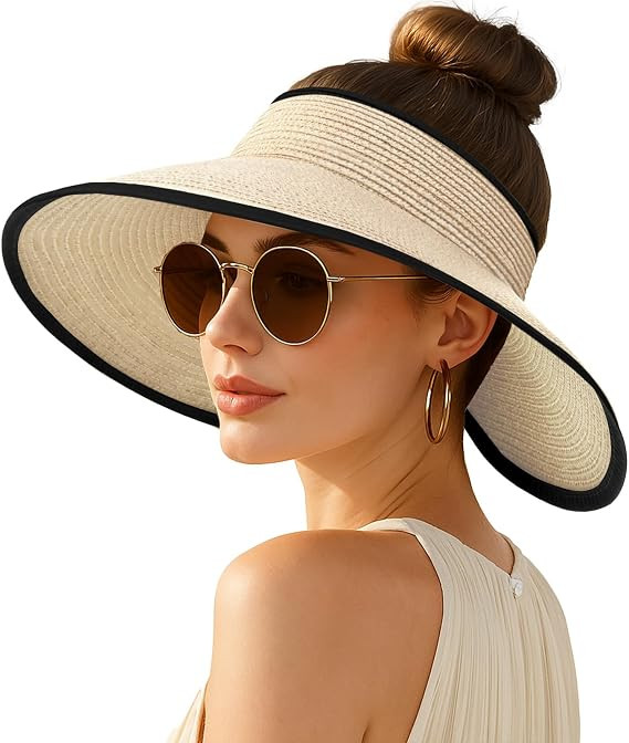Women's Sun Visor Hats Wide Brim Straw Beach Hat Ponytail Hats for Women Foldable Floppy | Amazon (US)