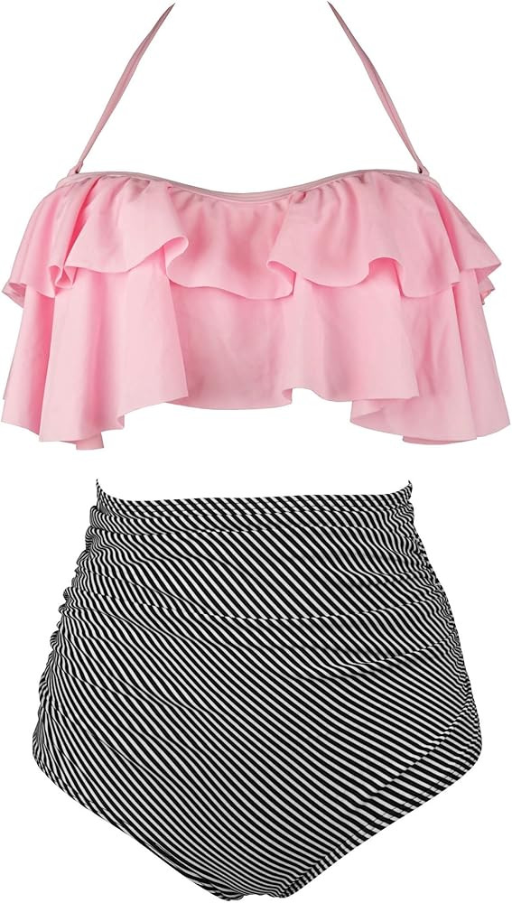 COCOSHIP Women's Retro Boho Flounce Falbala High Waist Bikini Set Chic Swimsuit(FBA) | Amazon (US)