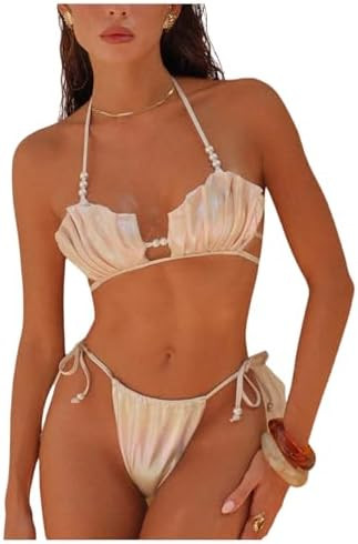 SHENHE Women's String Bikini Set Shiny Pearl Seashell Top Side Tie Halter Swimsuits 2 Piece | Amazon (US)